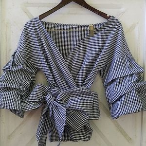 Chicwish Black & White Gingham Wrap Blouse